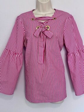 Michael Kors Striped Blouse L Bell Sleeve Lace Up Nautical Coral